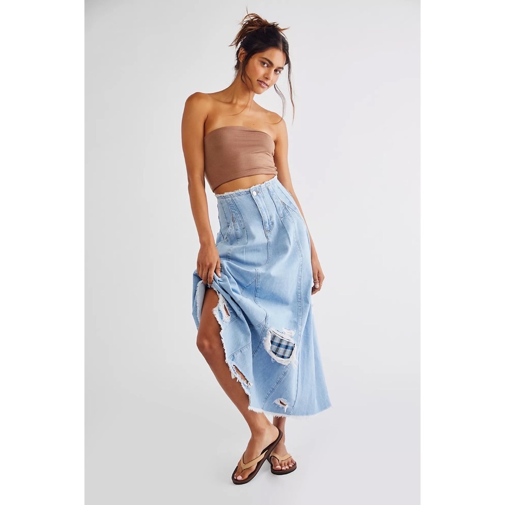 Free People Light Blue Distressed Denim Maxi Skirt